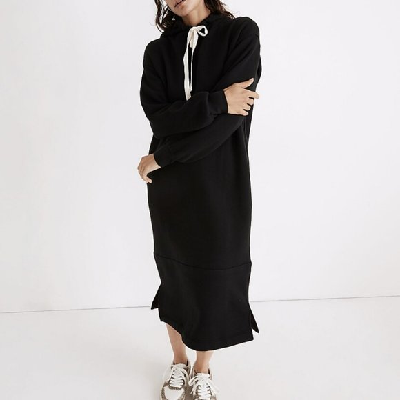 MADEWELL TRUE BLACK MWL BETTERTERRY HOODIE POCKETS SWEATSHIRT MIDI DRESS - Picture 2 of 8